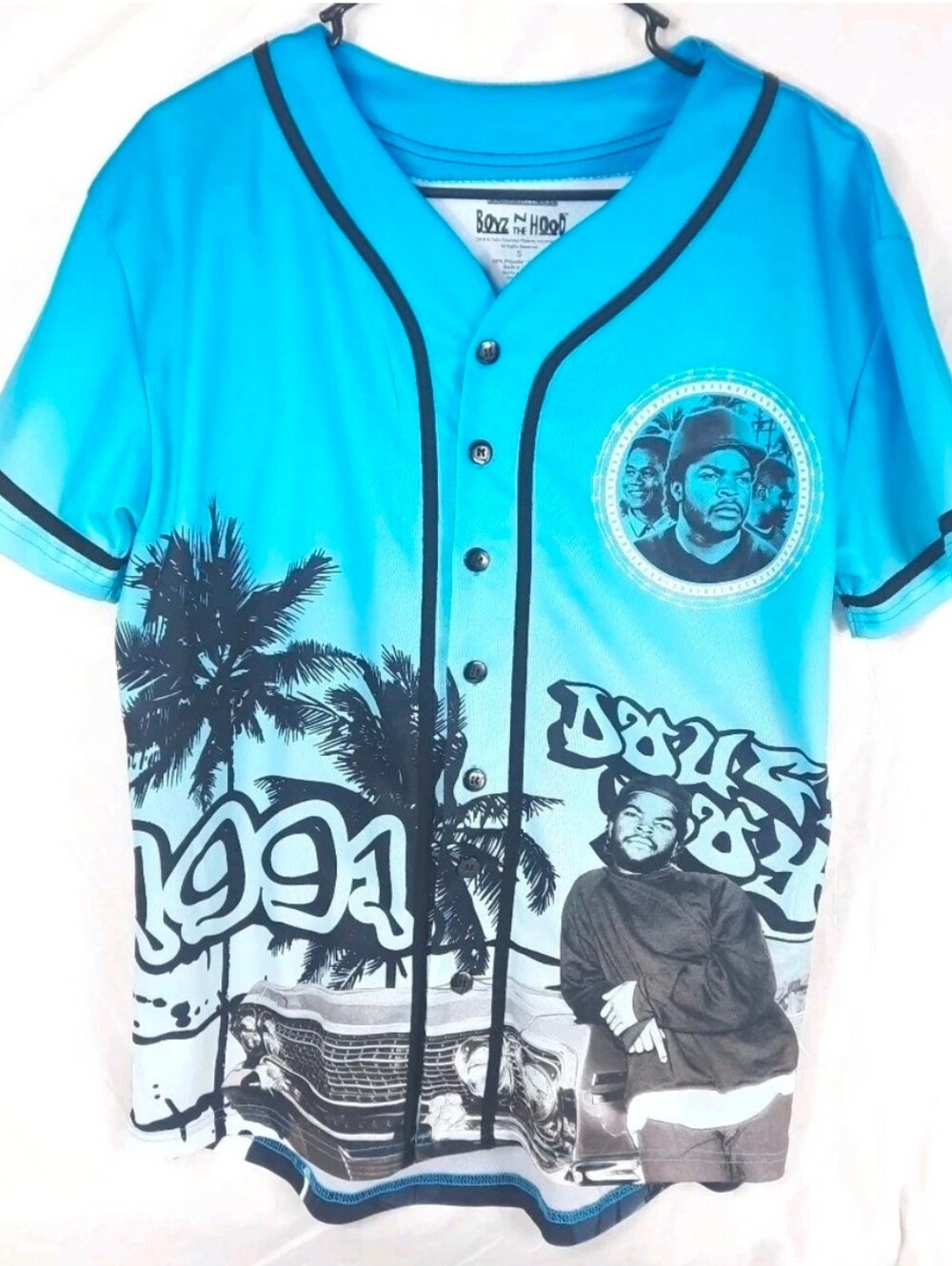 Boyz N The Hood Jersey Shirt Mens Small Button Front Blue Black Short Sleeve